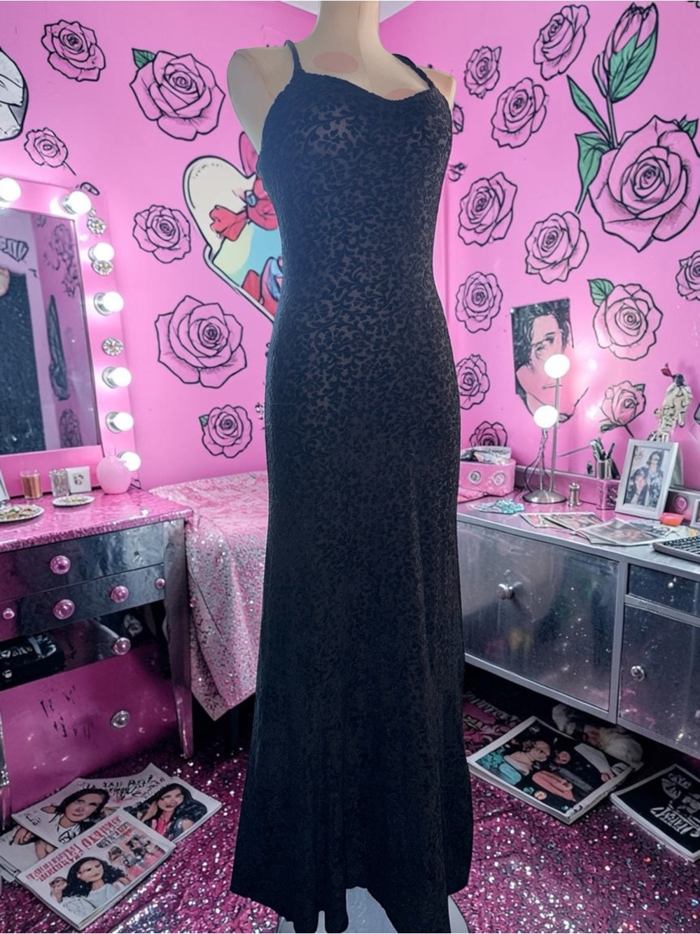 Betsey Johnson Vintage 90s / Y2K Black Floral Burnout Maxi Dress Small